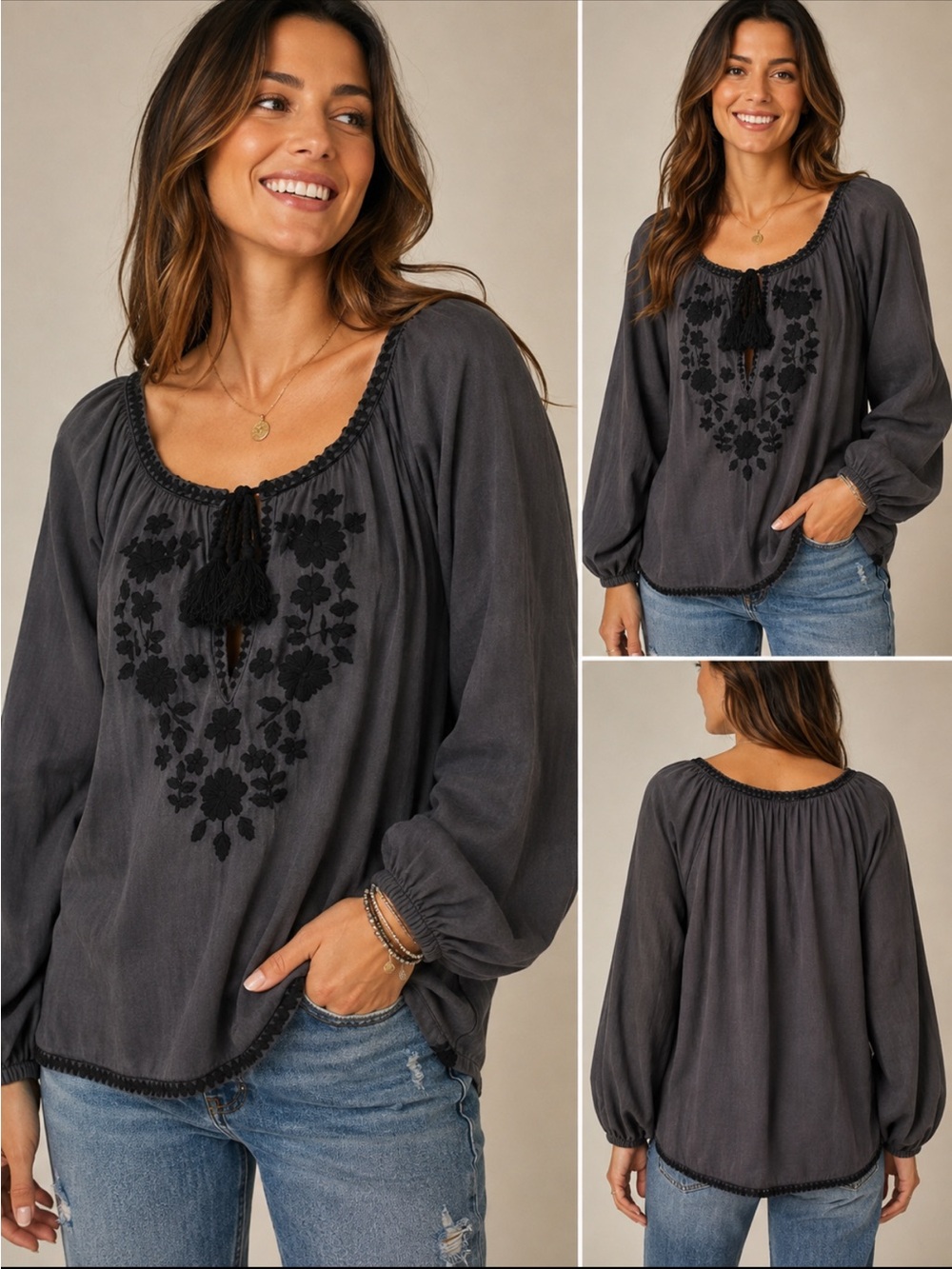 Natural Life Women Blouse Black Floral Boho Tassel Peasant Top XL